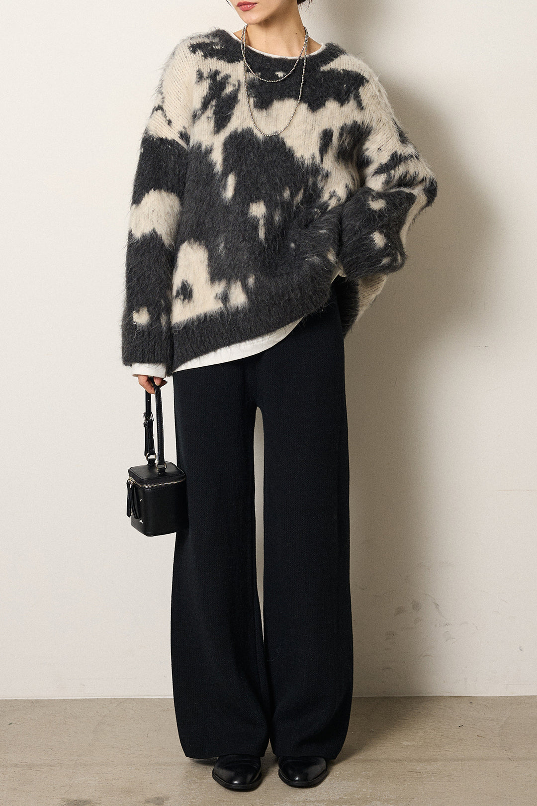 [SET]モヘアタッチマーブルニット+箔プリントBIGシルエットロングスリーブTシャツ+ワイドリブニットイージーパンツ(3set)