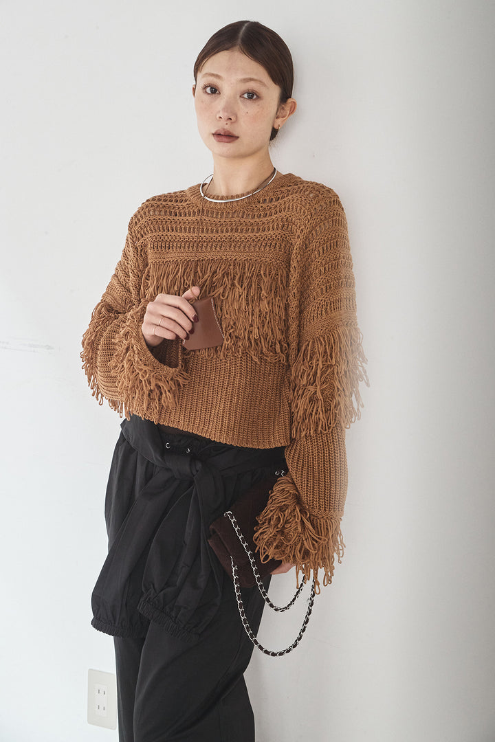 [SET]メッシュフリンジ切り替えプルオーバー+合繊ツイルスタンドウエスト巻きジョガーパンツ(2set)