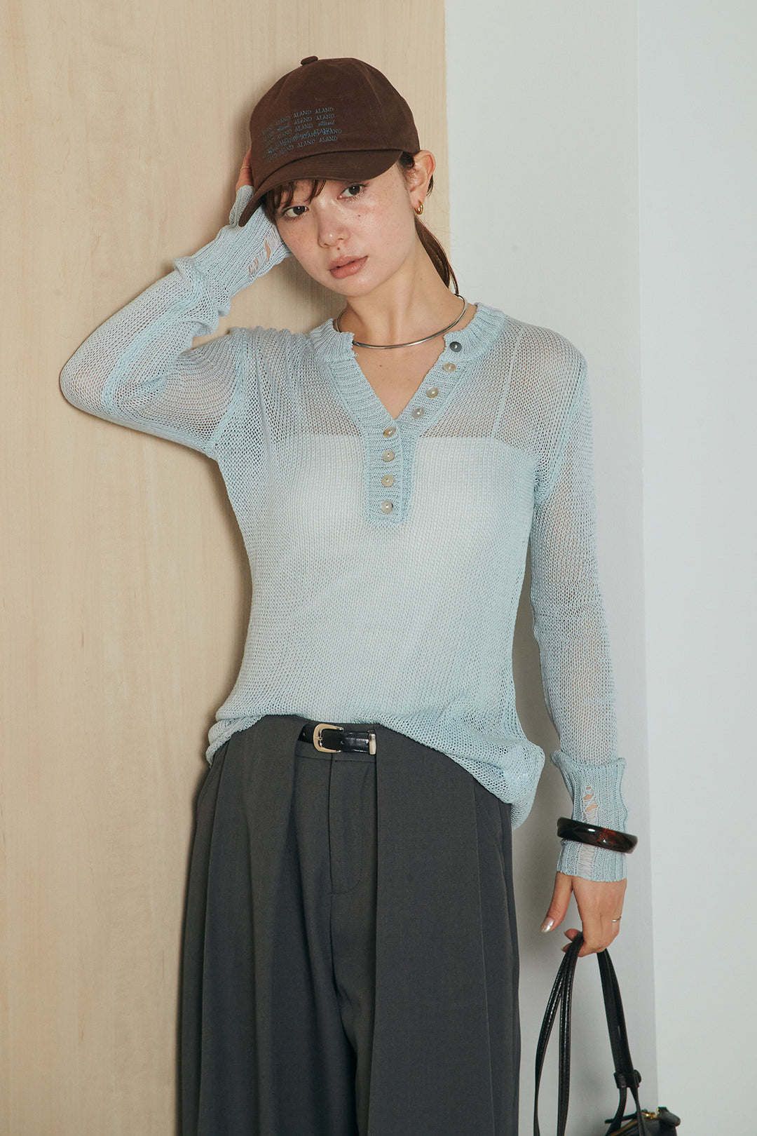 [SET]ヘンリーネックダメージニットプルオーバー+ビックベルトループタックベルト付きワイドパンツ(2set)