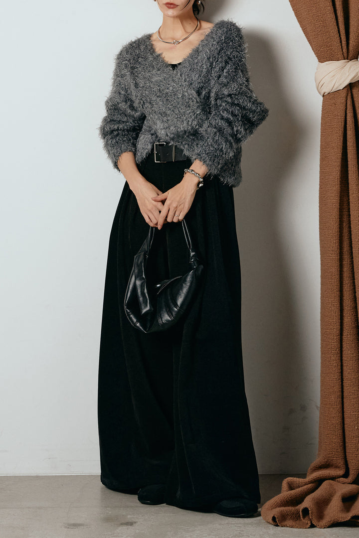 [SET]シャギークロスニットトップス+ベルトループコーデュロイワイドパンツ(2set)