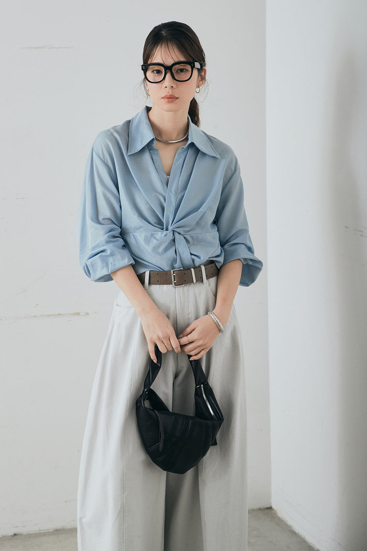 [SET]裾巻きツイストデザインシャツ+ベルト付きサイドタックワイドパンツ(2set)