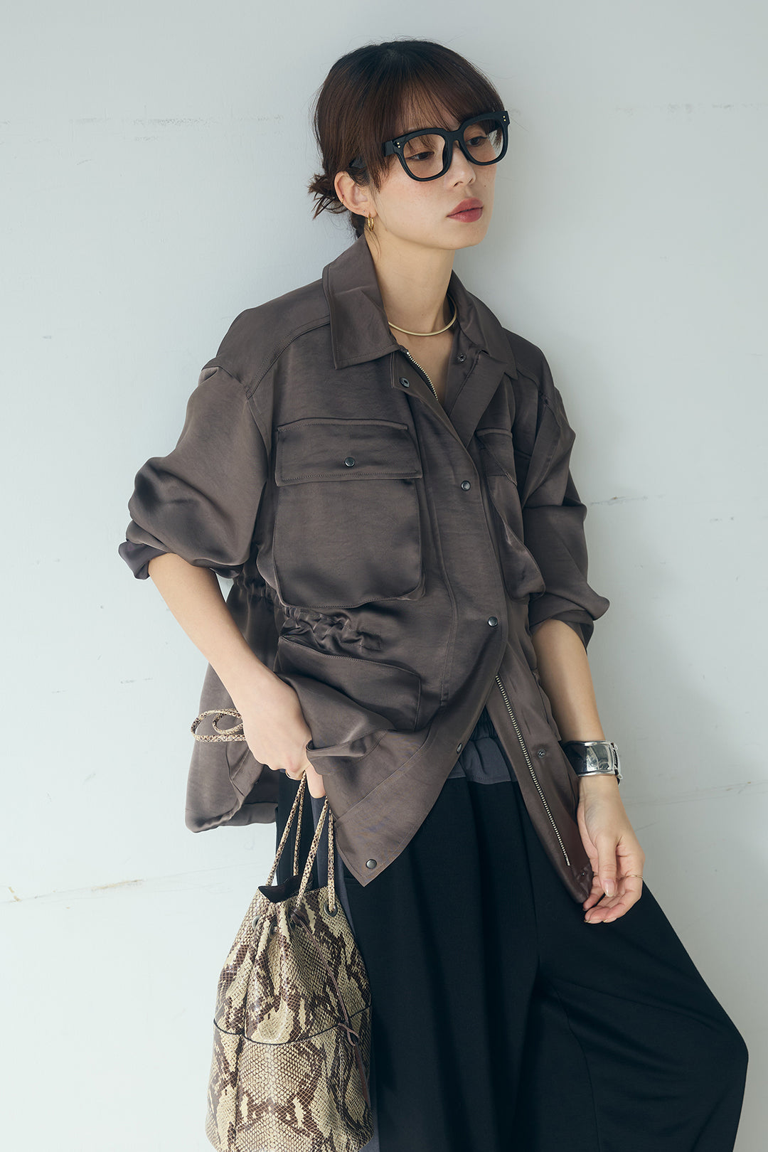 [SET]サテンライトブルゾン+異素材切り替えスウェットパンツ(2set)