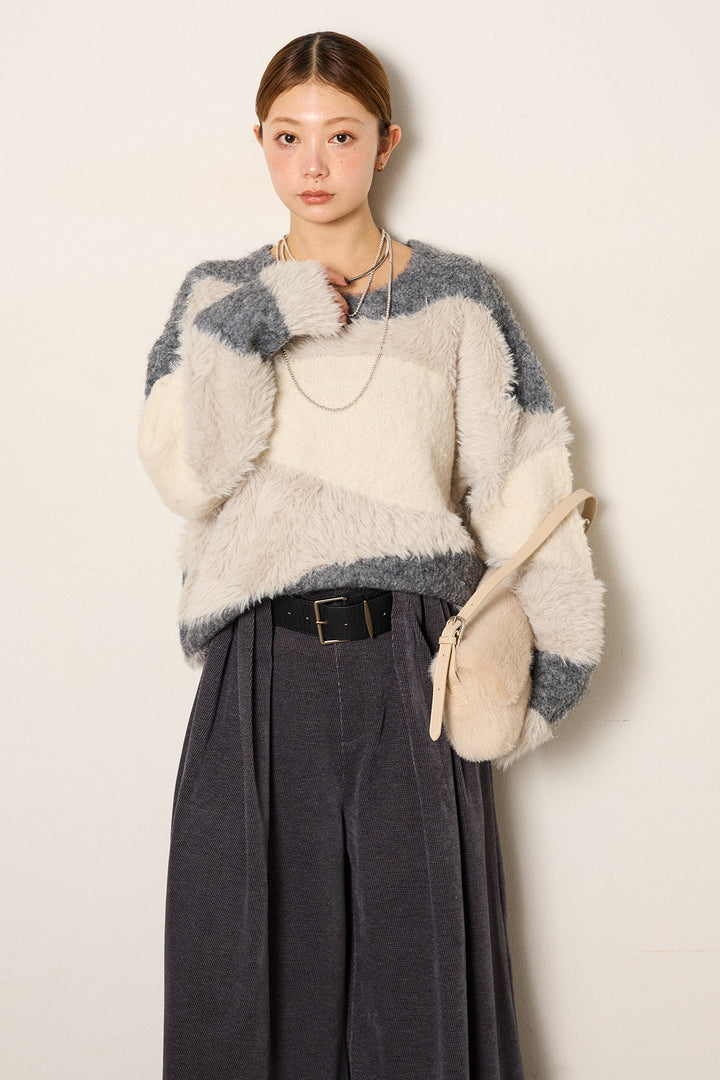 [SET]シャギーウェーブ柄クルーネックニットトップス+ベルトループコーデュロイワイドパンツ(2set)