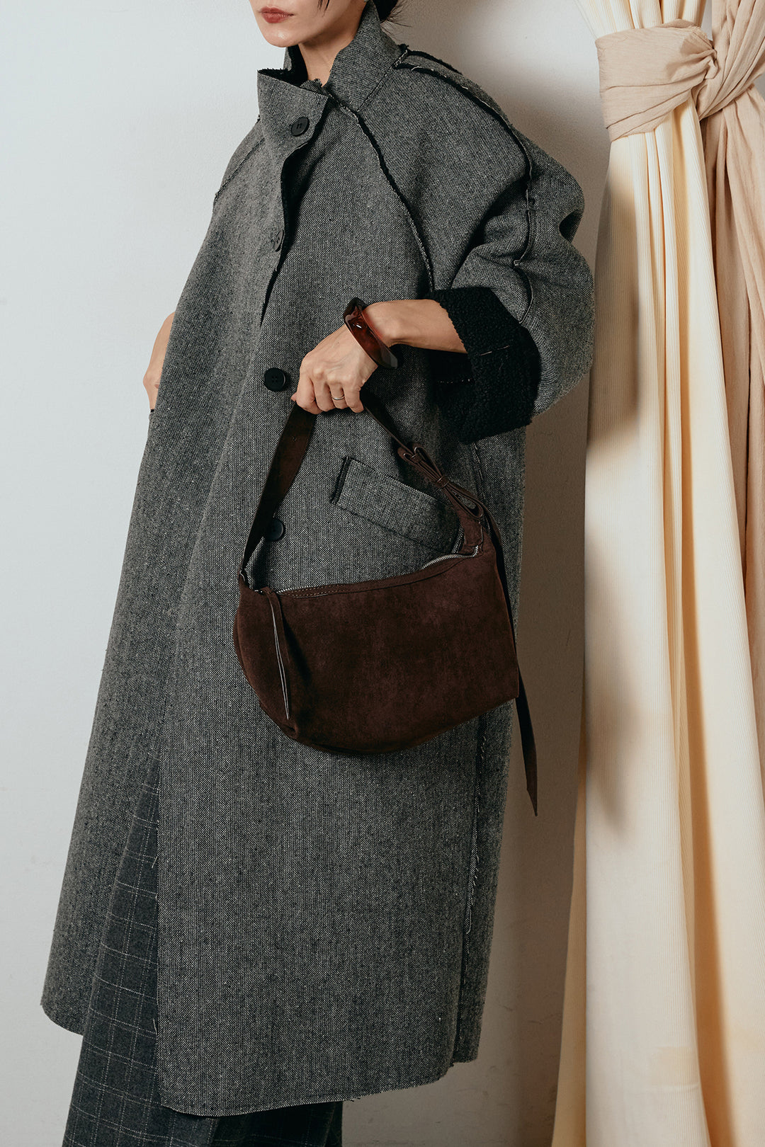 [SET]裏地ボアハイネックロングアウター+ウールライクチェックタックパンツ(2set)