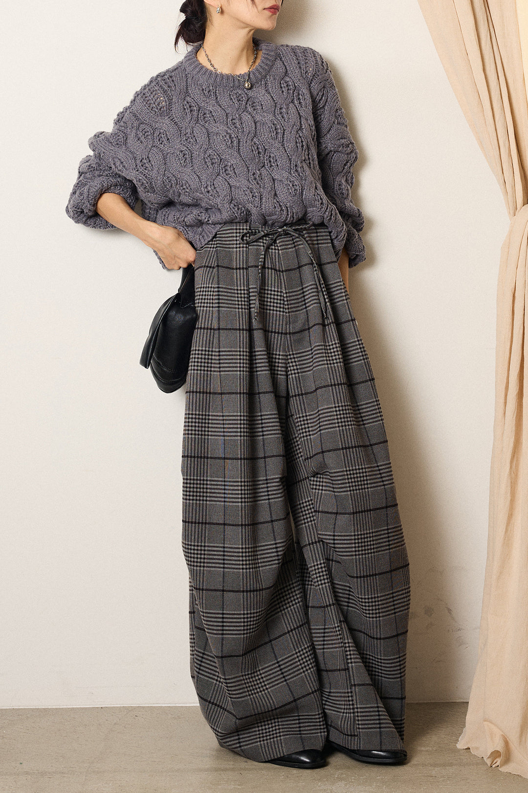 [SET]ケーブルリラックスショートニット+グレンチェックルーズタックパンツ(2set)