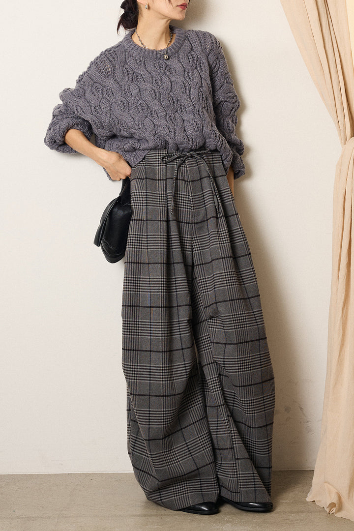 [SET]ケーブルリラックスショートニット+グレンチェックルーズタックパンツ(2set)