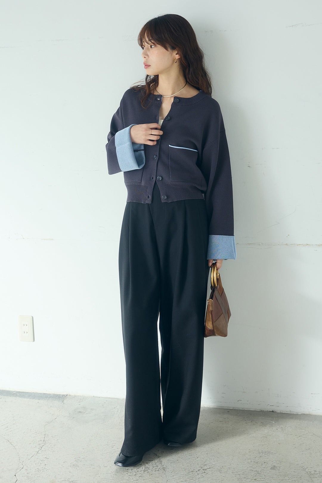 [SET]レーヨンポリダブルフェイスカーディガン+サイドベルトタック入りスラックス(2set)