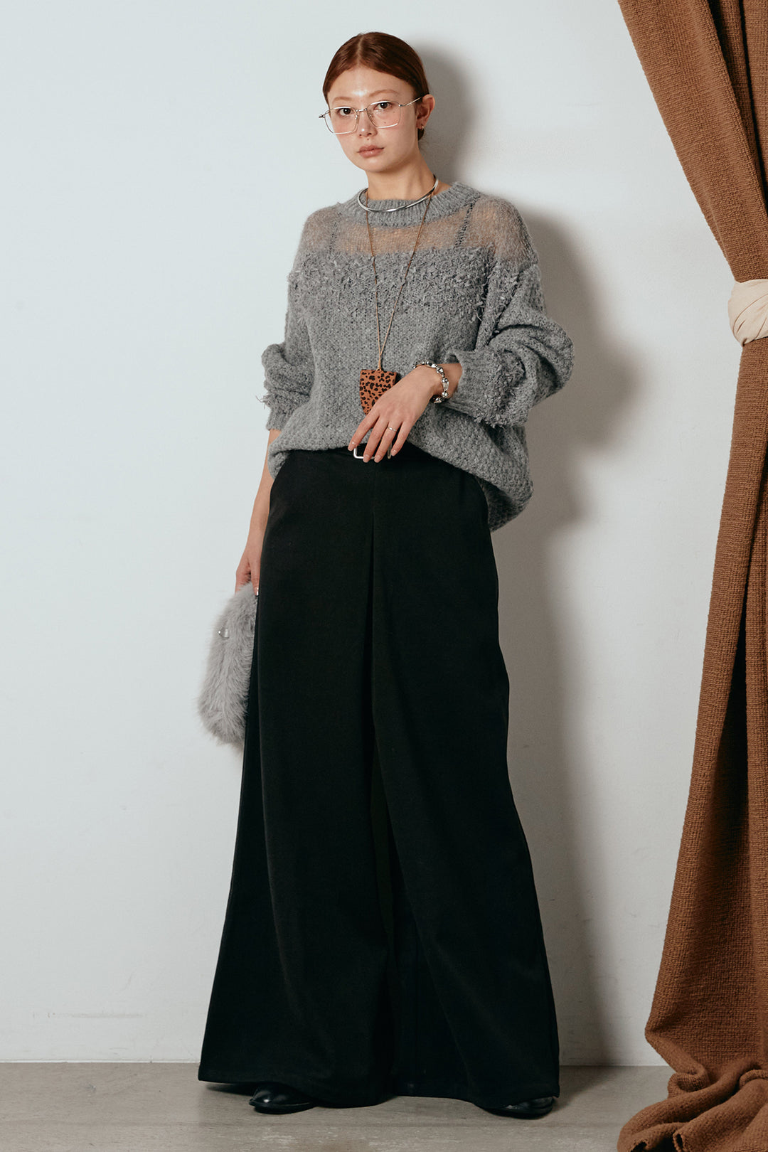 [SET]パターンランダム編みニットトップス+ベルト付きフロントタックデザインパンツ(2set)