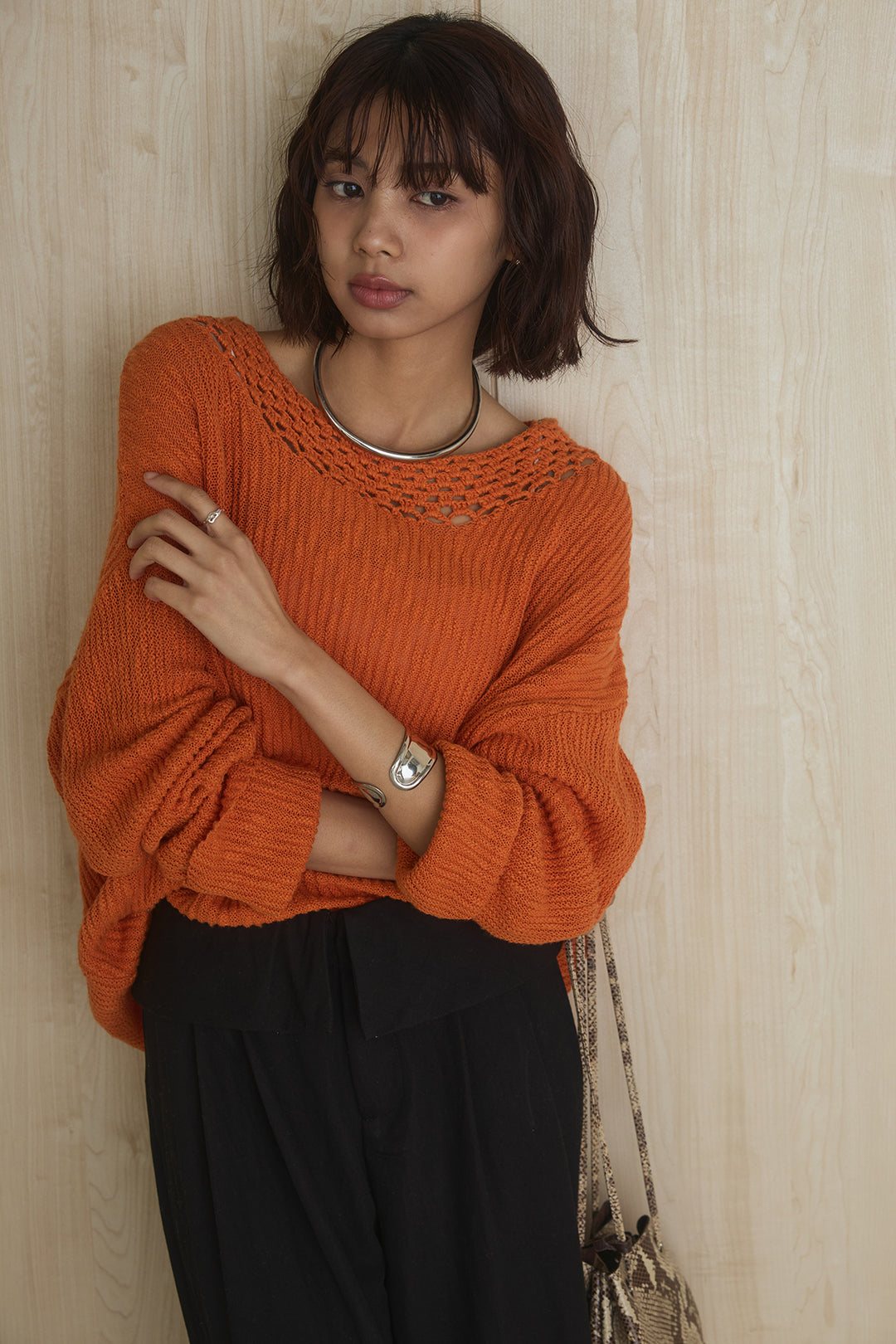 [SET]ネック編みデザインニットトップス+ウエスト折り返しワイドパンツ(2set)