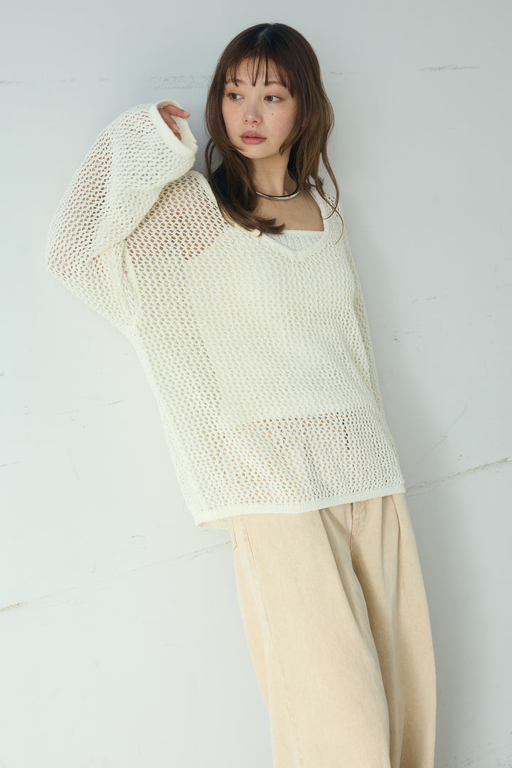 [SET]メッシュ編みビスチェセットVネックプルオーバー+カラーデニムタックカーブパンツ(2set)