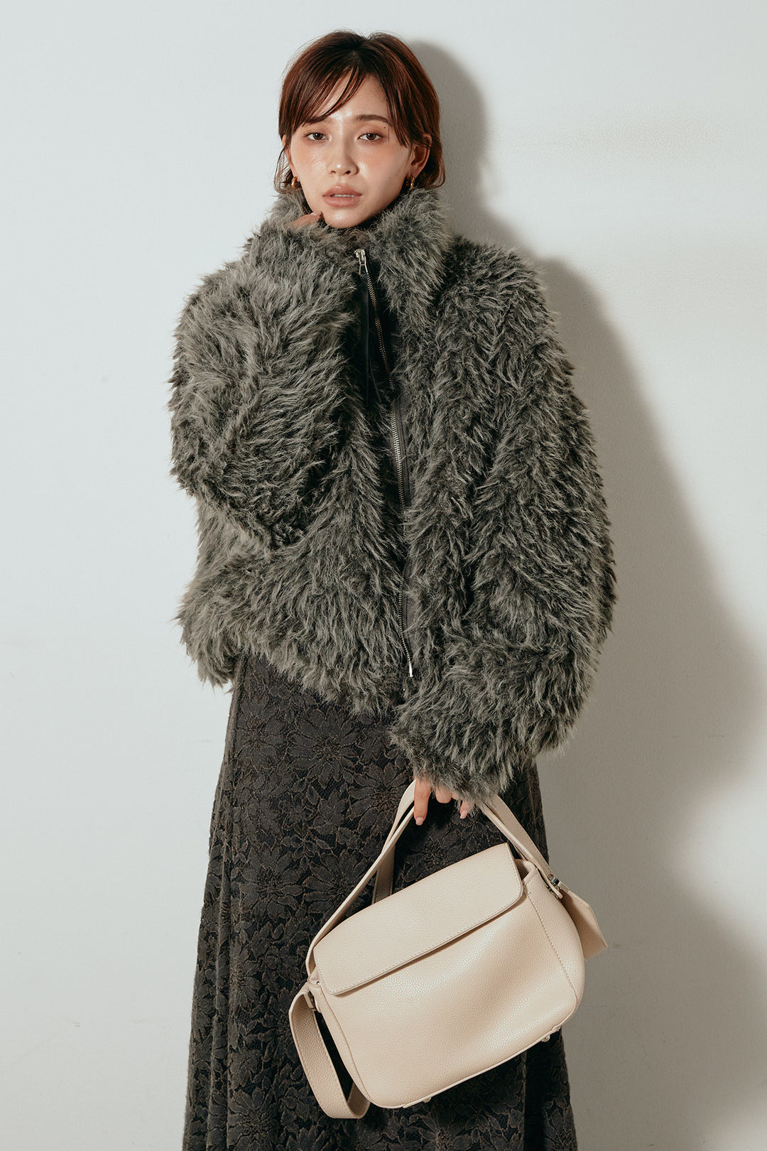 [SET]ミックスシープファースタンドブルゾン+花柄刺繍ベロアフレアスカート(2set)