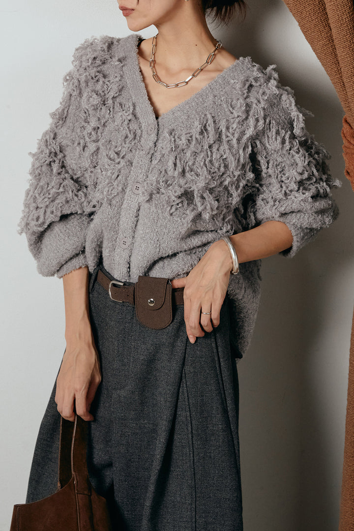 [SET]ループ編みVネックニットカーディガン+ポーチベルト付きカーブパンツ(2set)