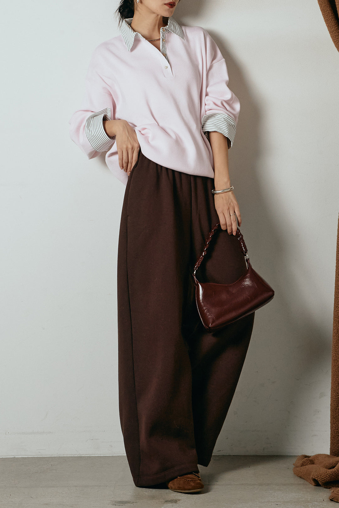 [SET]ストライプシャツドッキングポロトップス+裏起毛スウェットワイドパンツ(2set)