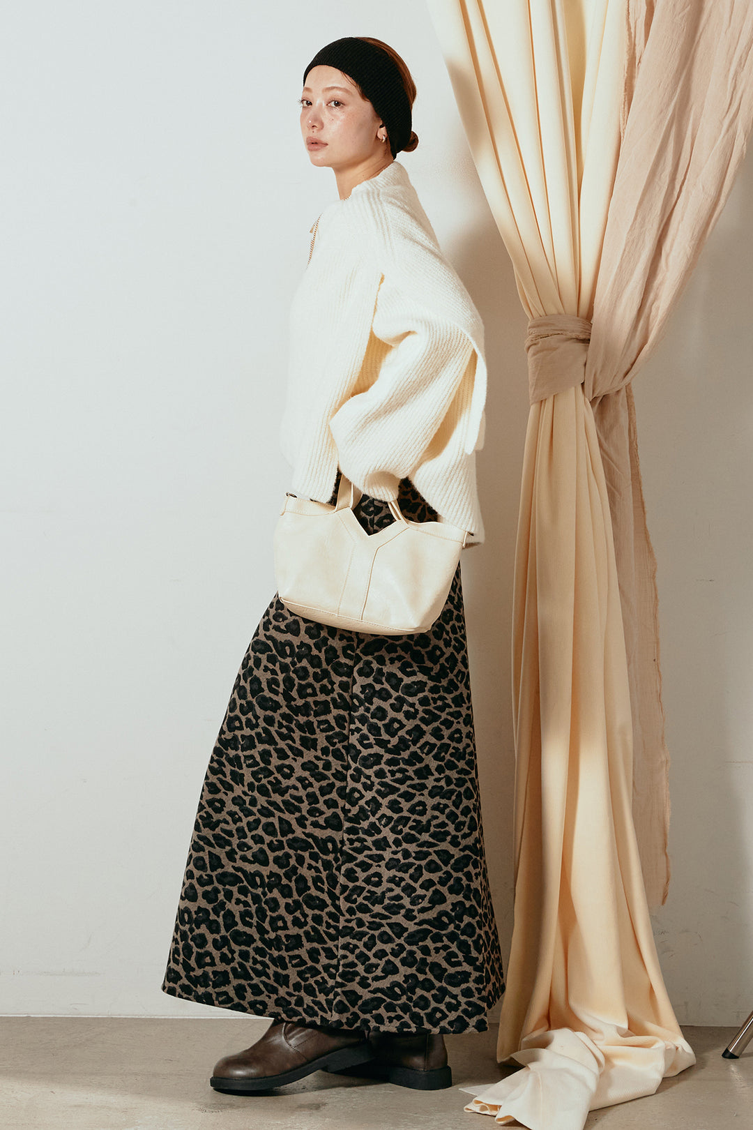 [SET]ケープデザインリブニットトップス+レオパードロングスカート(2set)