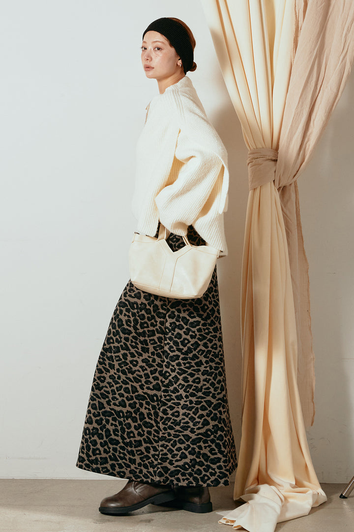 [SET]ケープデザインリブニットトップス+レオパードロングスカート(2set)