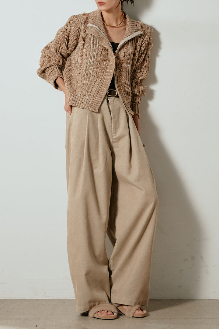 [SET]ハイネックフリンジジップニットトップス+フロントタック入りコーデュロイパンツ(2set)