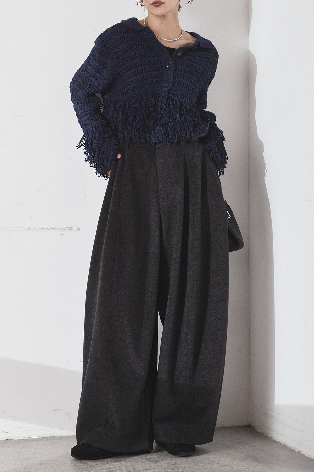[SET]メッシュフリンジカーディガン+ウールタッチカーブワイドパンツ(2set)