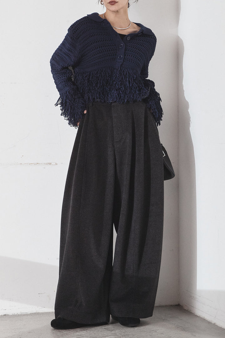 [SET]メッシュフリンジカーディガン+ウールタッチカーブワイドパンツ(2set)