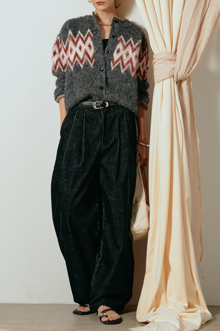 [SET]起毛ノルディック柄ニットカーディガン+フロントタック入りコーデュロイパンツ(2set)