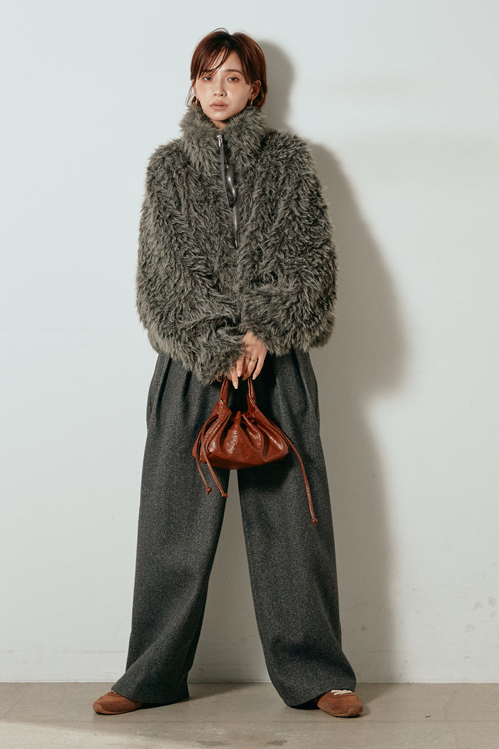 [SET]ミックスシープファースタンドブルゾン+フェイクウールタックトラウザーズパンツ(2set)