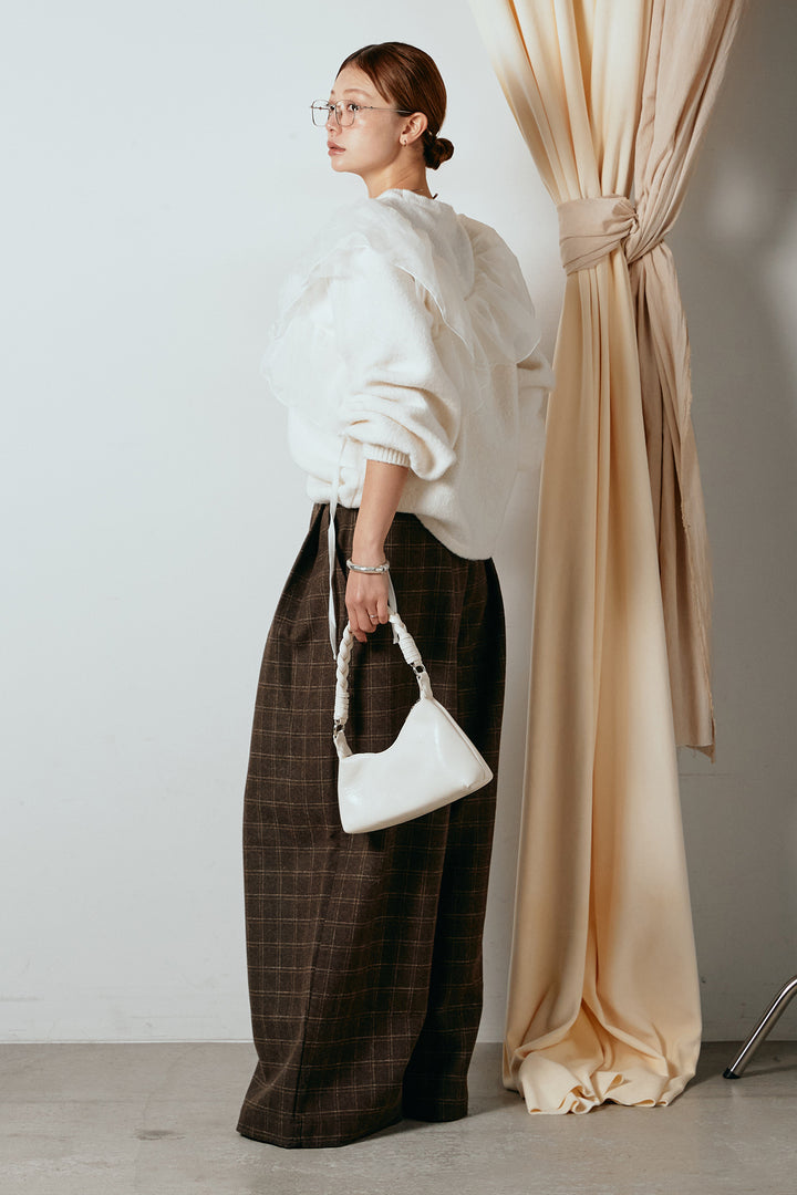 [SET]アシンメトリーフリルニットトップス+ウールライクチェックタックパンツ(2set)