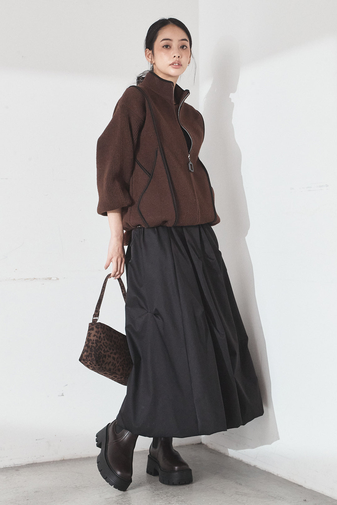 [SET]ハイネックパイピングデザインブルゾン+ランダムタックバルーンスカート(2set)