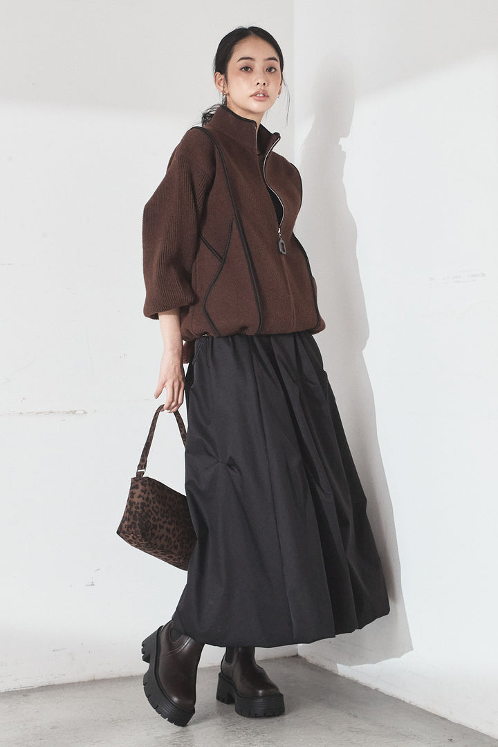 [SET]ハイネックパイピングデザインブルゾン+ランダムタックバルーンスカート(2set)