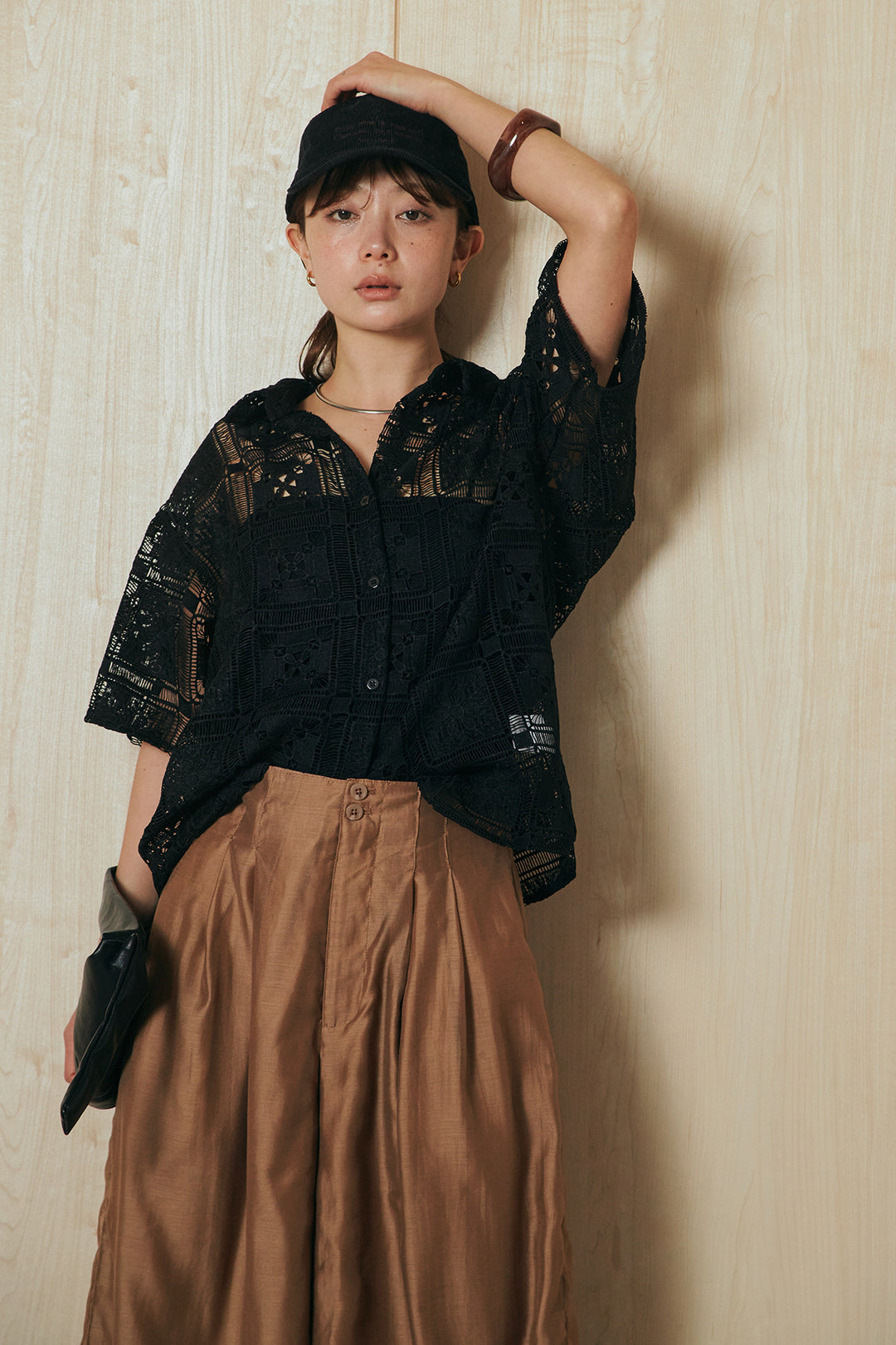 [SET]クロシェレースハーフスリーブシャツ+ダブルボタンワイドパンツ(2set)