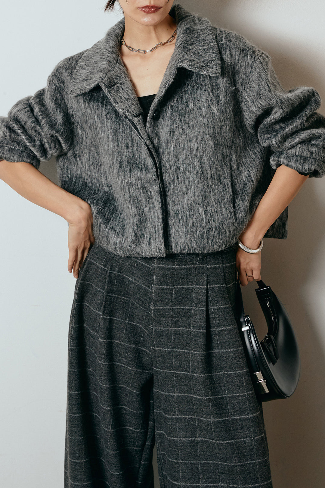 [SET]シャギーショートジャケット+スクエアチェック柄ワイドパンツ(2set)