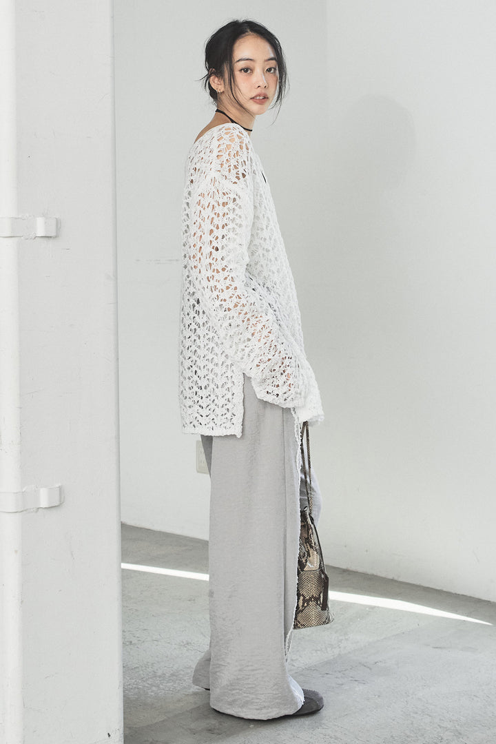 [SET]リラックスメッシュニットトップス+刺繡テープラインパンツ(2set)