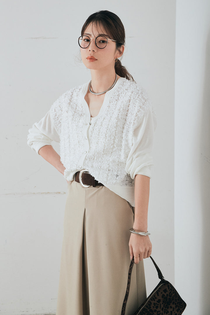 [SET]モコレースVネックカーディガン+太ベルト付きフロントタックパンツ(2set)