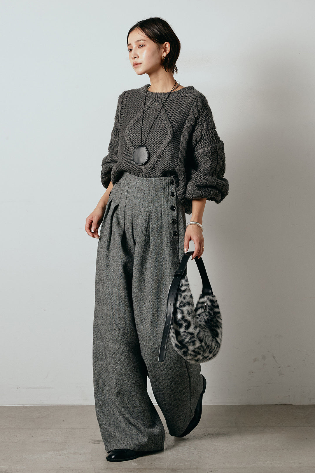 [SET]ロービングケーブルショート丈プルオーバー+サイドボタンツイードタックパンツ(2set)