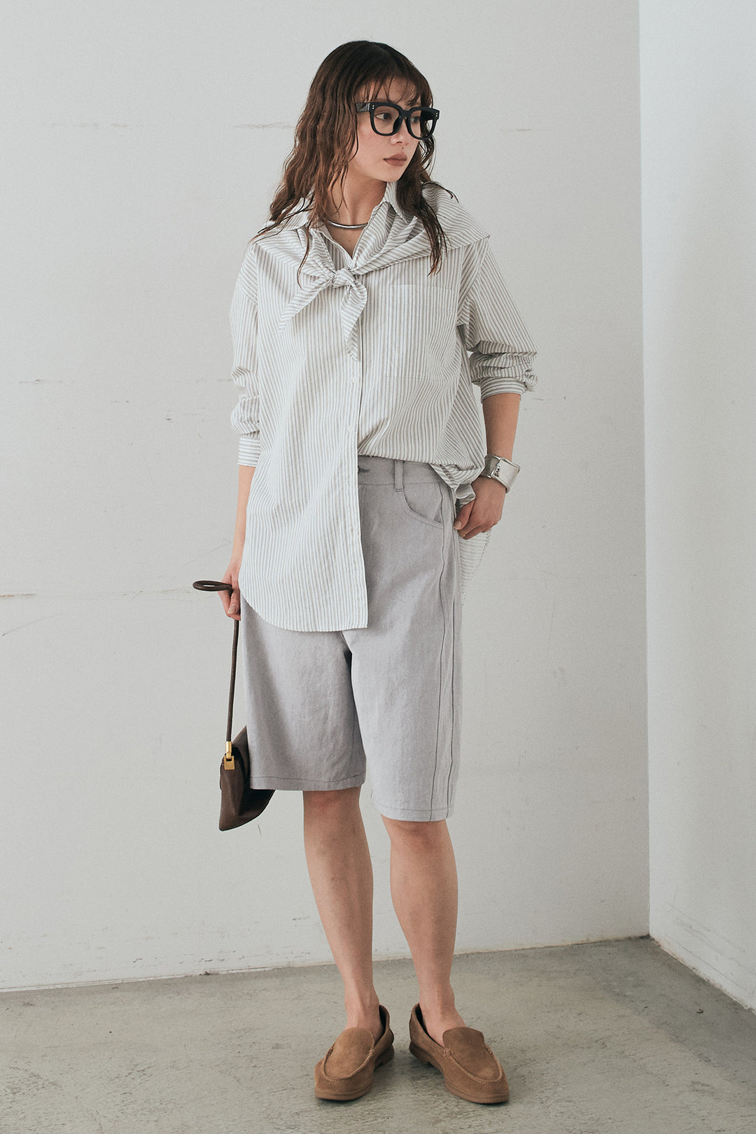 [SET]ランダムストライプスカーフ付きシャツ+デニムハーフパンツ(2set)