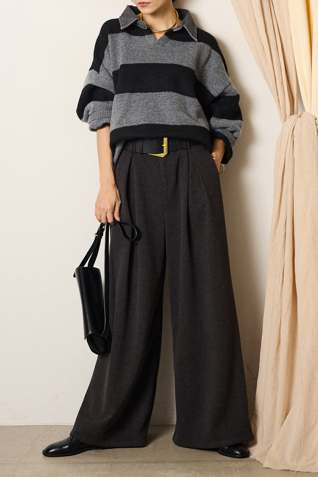 [SET]デニムカラーボーダールーズニット+ゴールドバックル太ベルト付きワイドパンツ(2set)