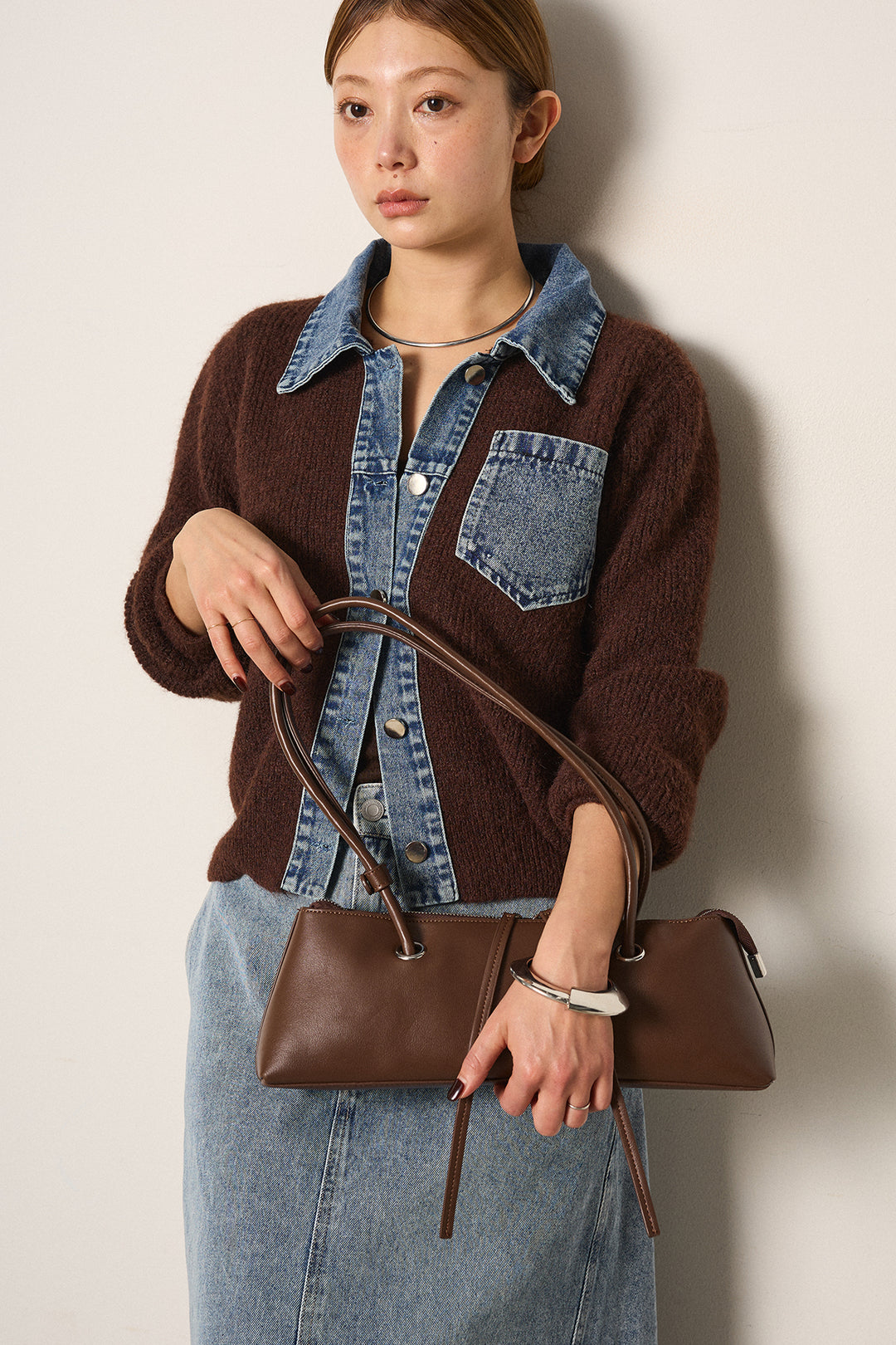 [SET]襟付きデニム切替ニットカーディガン+デニムロングフレアスカート(2set)