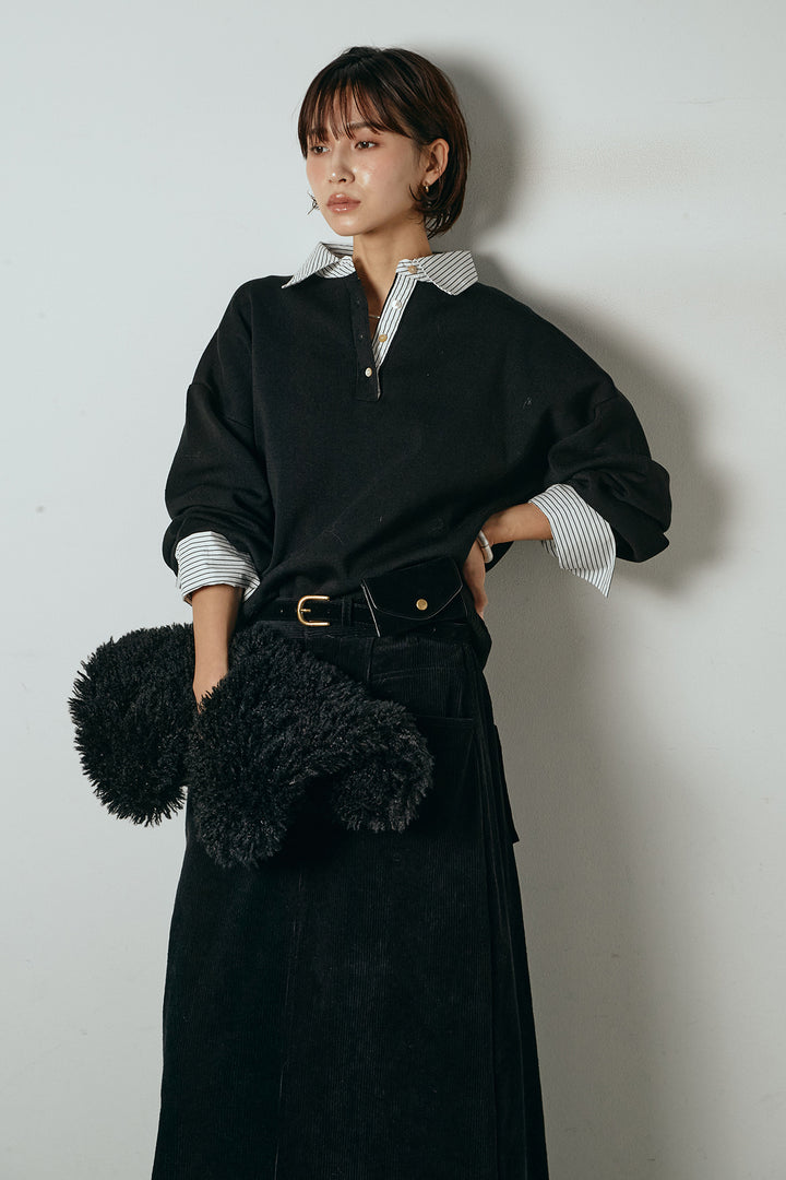 [SET]ストライプシャツドッキングポロトップス+ポーチベルト付きコーデュロイワイドスカート(2set)