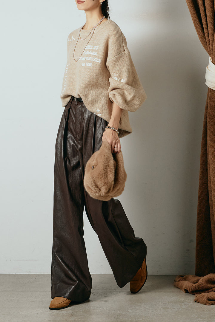 [SET]刺繍ロゴランダムデザインニットトップス+ベルト付きレザーライクタックパンツ(2set)