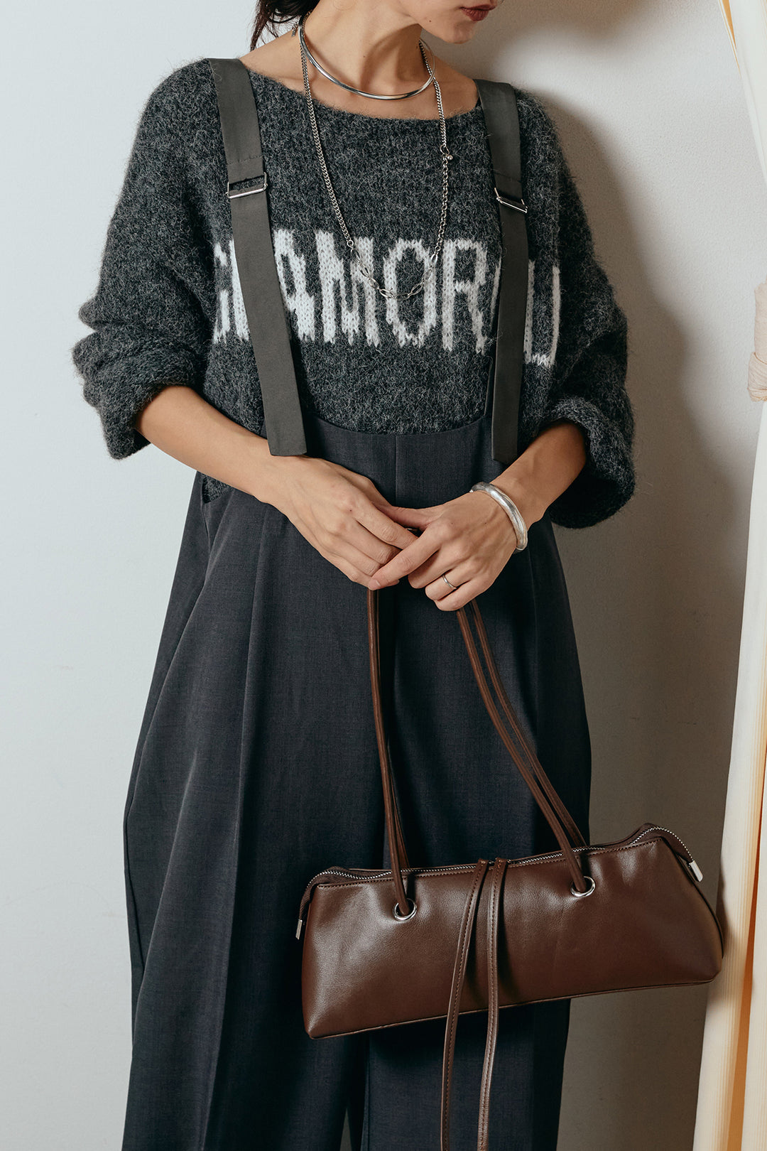 [SET]フロントロゴデザインニットトップス+ワイドツイルサロペット(2set)