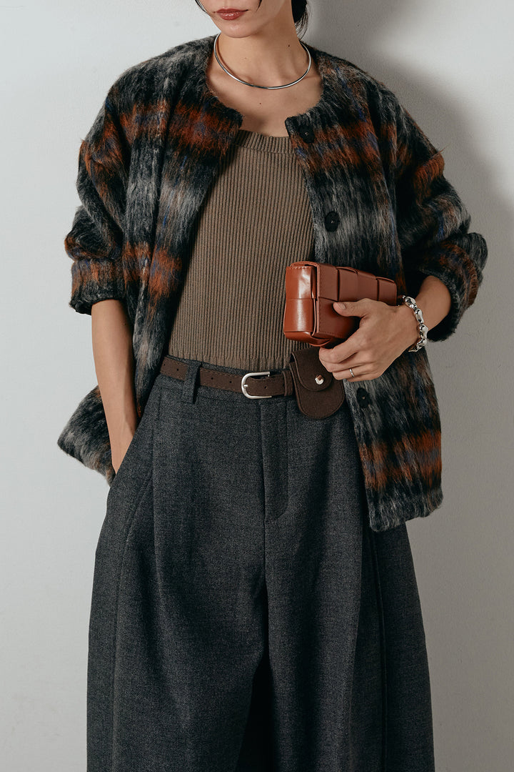 [SET]ノーカラーシャギーチェックアウター+ポーチベルト付きカーブパンツ(2set)