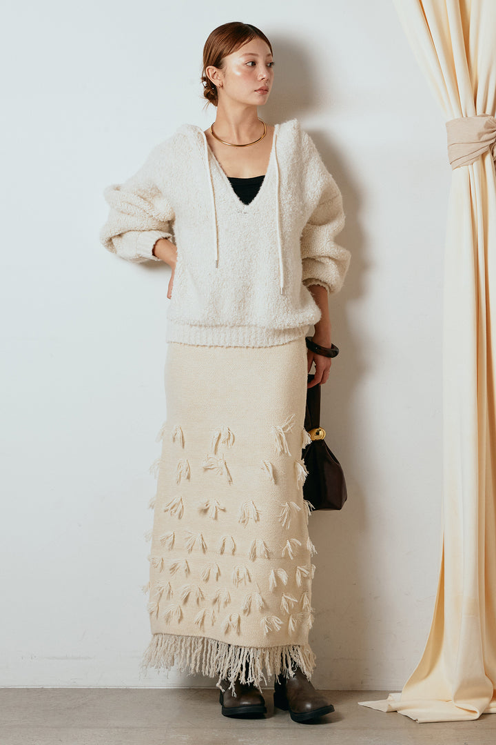 [SET]ブークレキーネックプルオーバー+ポイントフリンジニットナロースカート(2set)