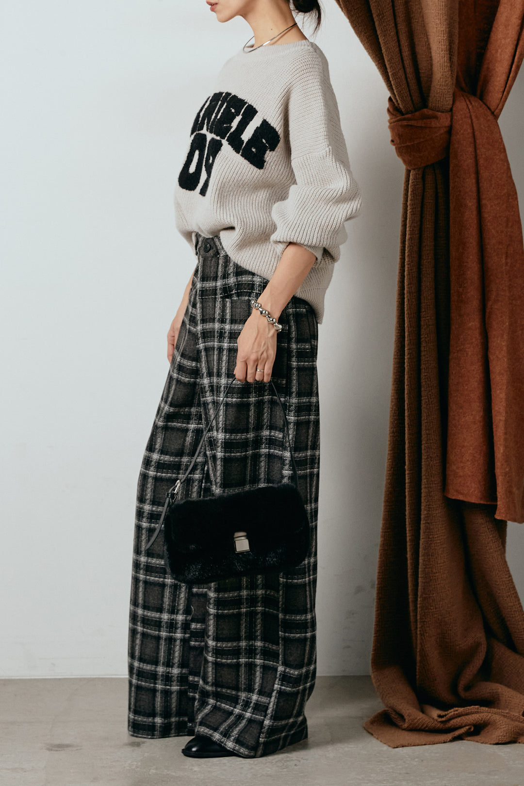 [SET]ロゴジャガードニットトップス+ルーズタータンチェックワイドパンツ(2set)