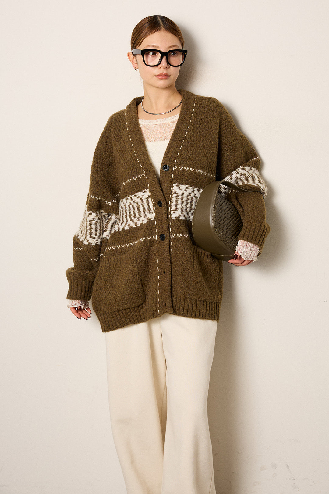 [SET]ライン柄ステッチニットカーディガン+裏起毛スウェットワイドパンツ(2set)