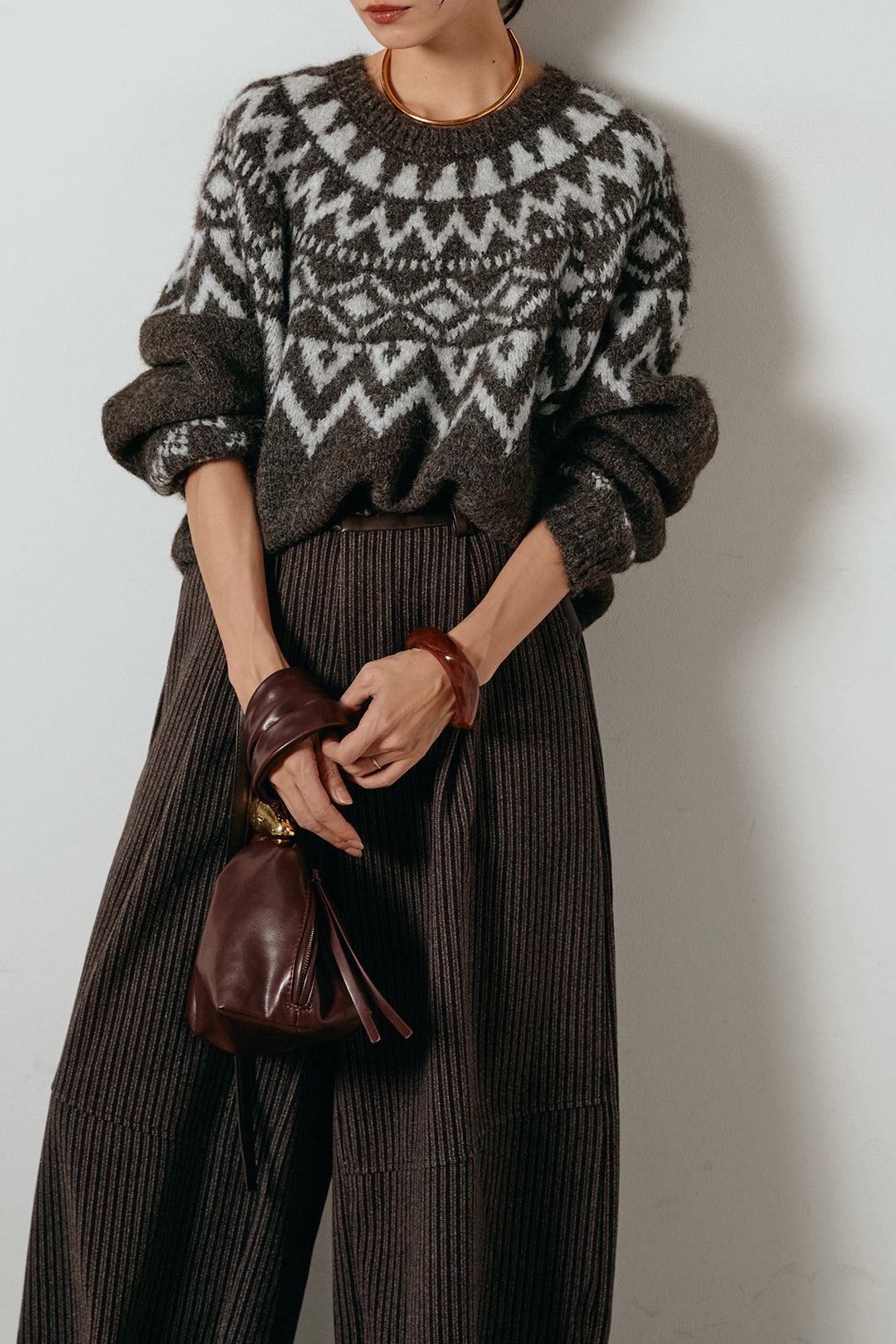 [SET]ノルディック柄Uネックプルオーバー+レザーライク配色ストライプパンツ(2set)