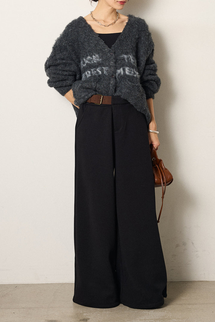 [SET]ウール混透かしロゴニットカーディガン+サイドベルトパンツ(2set)