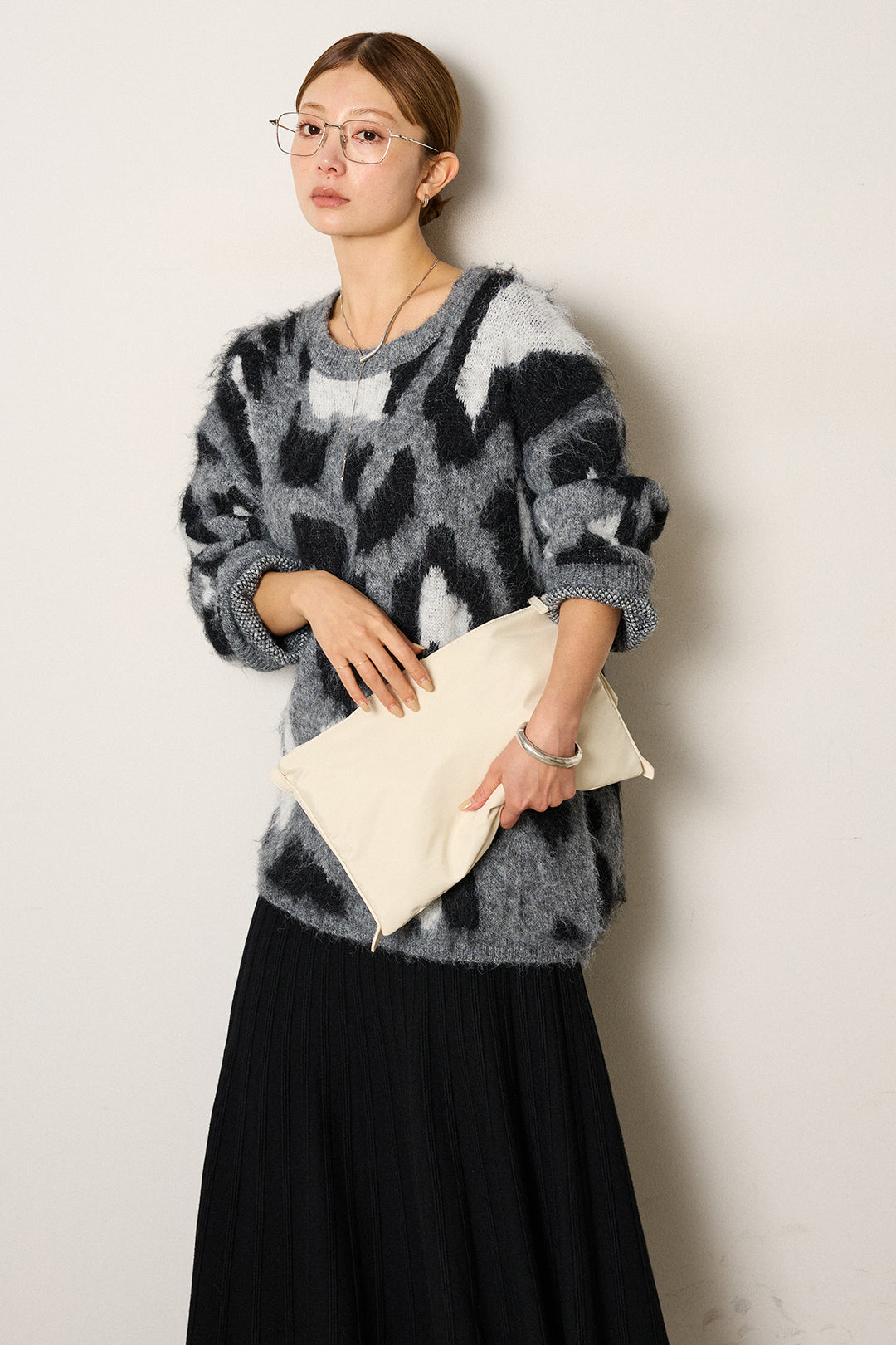 [SET]ルーズアニマルモヘアニットトップス+編み地切り替えフレアニットスカート(2set)