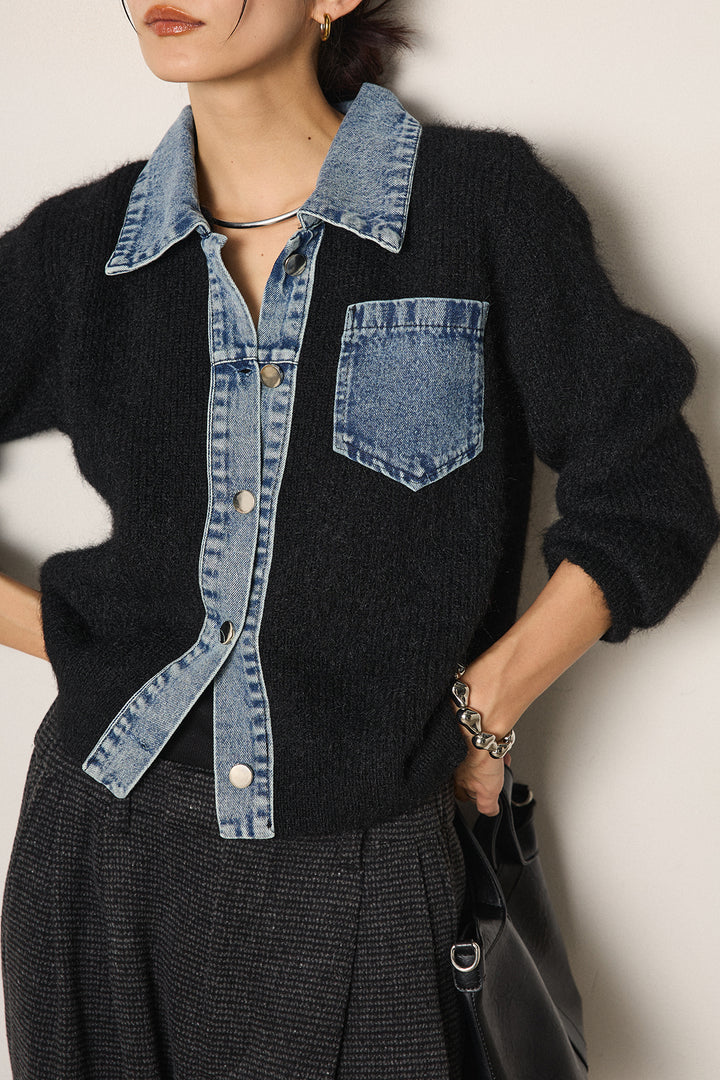 [SET]襟付きデニム切替ニットカーディガン+起毛タック入りツイードワイドパンツ(2set)