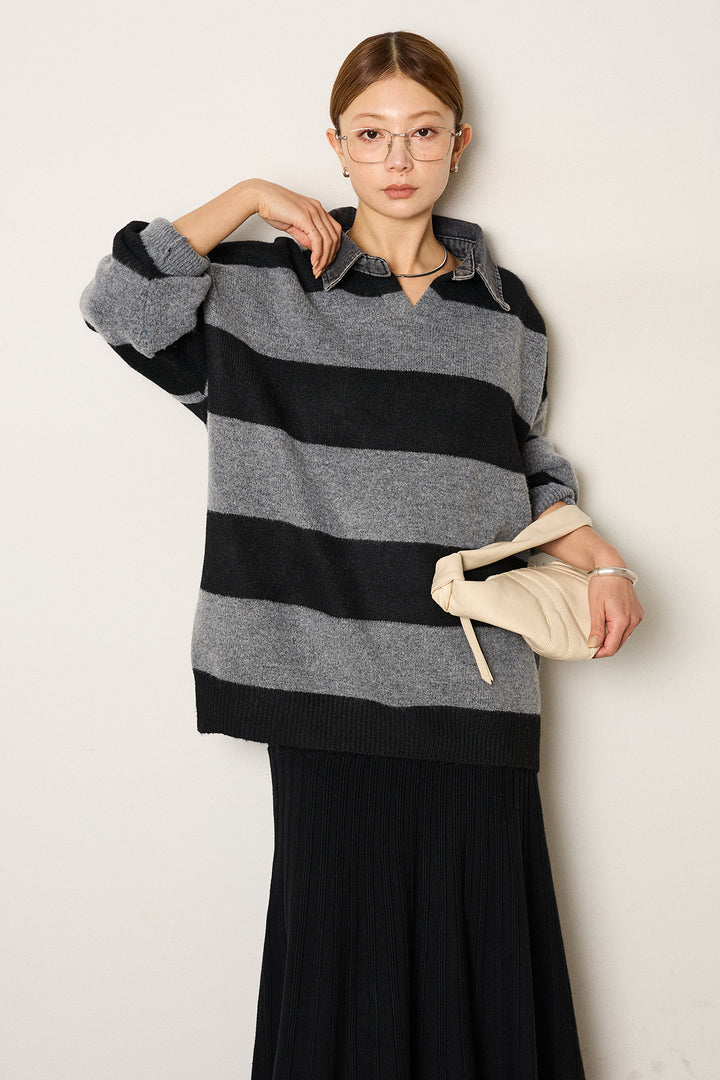 [SET]デニムカラーボーダールーズニット+編み地切り替えフレアニットスカート(2set)