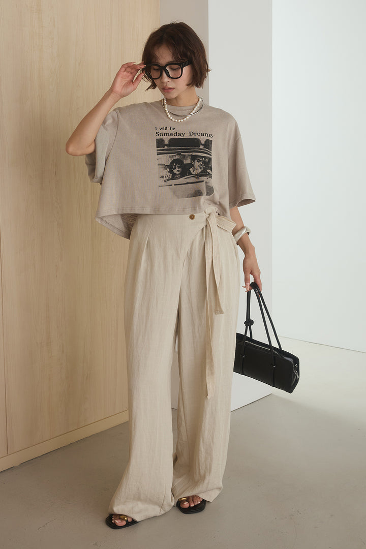 [SET]グラフィックサムデイワイドクロップドT+異素材ベルト付きラップ風ニュアンスワイドパンツ(2set)