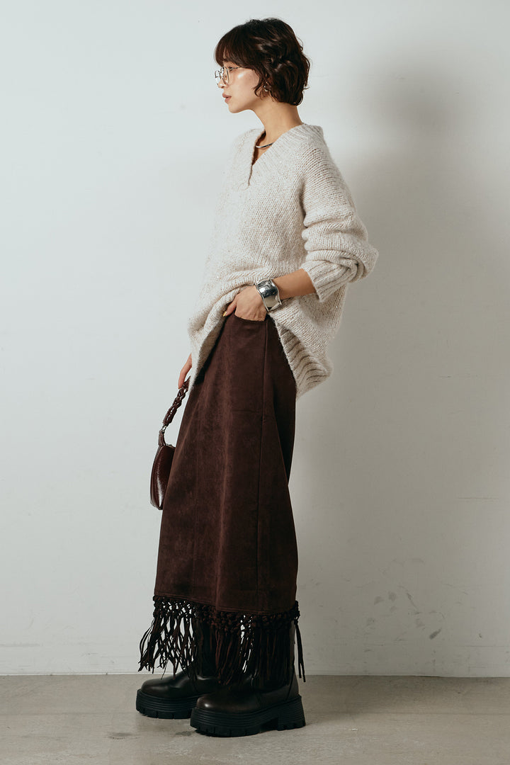 [SET]Vネックラメニットトップス+スウェードライク裾フリンジスカート(2set)