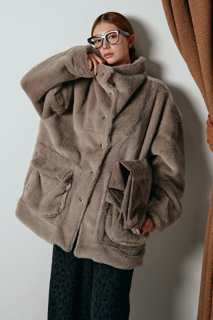 [SET]スタンドネックファーコート+レオパードジャガードニットパンツ(2set)